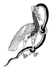 EL AGUILA Y LA SERPIENTE. El águila  símbolo de la victoria de la luz sobre las potencias oscuras. Son animales complementarios (principio celeste y principio crónico)
