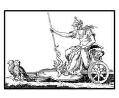 EL CARRO DE MINERVA.Según Cesare Ripa (Italia Siglo XVII). Se pinta armada por que el ánimo del sabio ha de estar siempre vigilante. La lanza simboliza la agudeza del ingenio. Las dos lechuzas que tiran del carro, no sólo se ponen por ser aves consagradas a la diosa, sino por que su visión es como la de Minerva, perfecta en la oscuridad. Dibujo y adaptación de Ex libris personal sobre el original