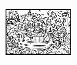 LA NAVE DE LOS LOCOS.Símbolo de iconografía medieval que expone la idea de navegación en si. no de tránsito y de evolución que sería el significado de la nave. Sebastian Brant 1500. Dibujo y adaptación de Ex libris personal sobre el original