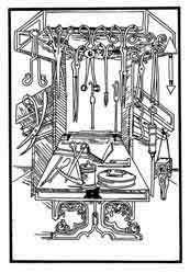 Instrumentos de cirugía medieval. Dibujo y adaptación de Ex libris personal sobre el original