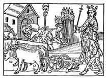 AGRICULTURA Molino, hoz y arado. Del incunable de Boccaccio, Ulm, 1473. Dibujo y adaptación de Ex libris personal sobre el original