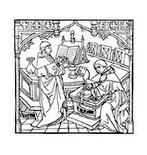 DIALOGUS MAGISTRI GUILLELMI DE OCKHAM. Grabado del Dialogus de Imperio et Pontificia Potestate (1494). Dibujo y adaptación de Ex libris personal sobre el original