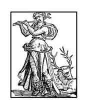 ADULACIÓN. Del libro de Iconografía de Cesare Ripa Italia Siglo XVII. Una mujer toca la flauta y un ciervo posa a sus pies embelesado por el dulce sonido del instrumento.

