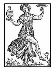 ALEGRÍA. Del libro de Iconografía de Cesare Ripa Italia Siglo XVII. Es una jovencita que baila, vestida de blanco con una guirnalda de flores corona su cabeza. En la diestra sostiene una copa de vino tinto y en la siniestra una gran copa de oro. 