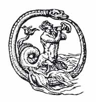 ADQUIRIR LA INMORTALIDAD POR EL ESTUDIO DE LAS LETRAS. Emblema de Alciato. La fama sigue a los hombres de talento singular y a sus acciones ilustres. Tritón trompetero de Neptuno, cuya parte inferior de monstruo marino, esta enmarcado por una serpiente que se muerde la cola que es el atributo de la eternidad