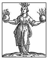 DIVINIDAD. Del libro de Iconografía de Cesare Ripa Italia Siglo XVII. Mujer vestida de blanco, tiene una llama sobre la cabeza y sostiene dos globos de los que manan dos llamas. Representan las tres personas divinas. 